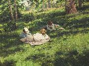 johan krouthen Three reading women in a summer landscape oil on canvas